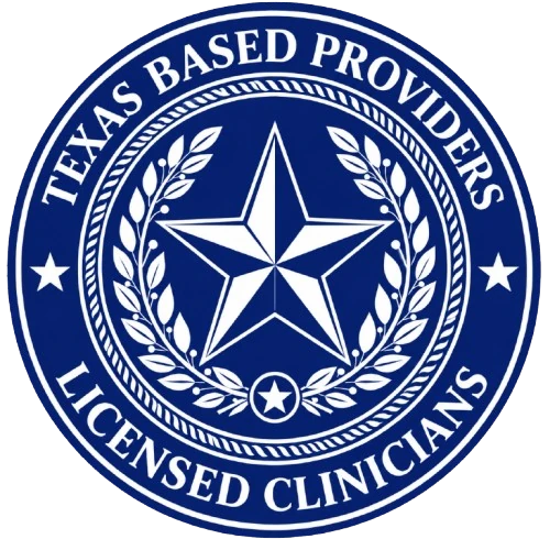 Navy seal with a white Texas star inside a laurel wreath, lettered Texas Based Providers and Licensed Clinicians