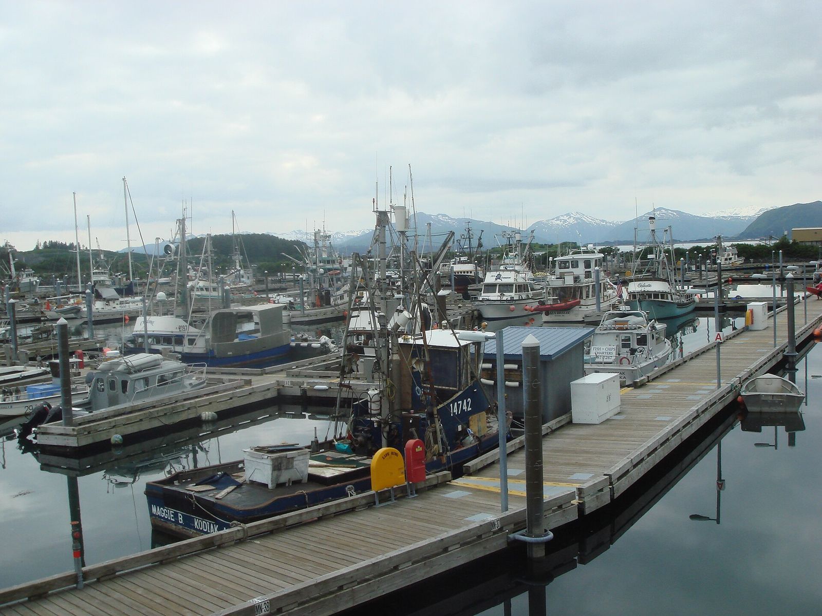 Fishing boats tied up along the floating docks of St. Paul Harbor in Kodiak
