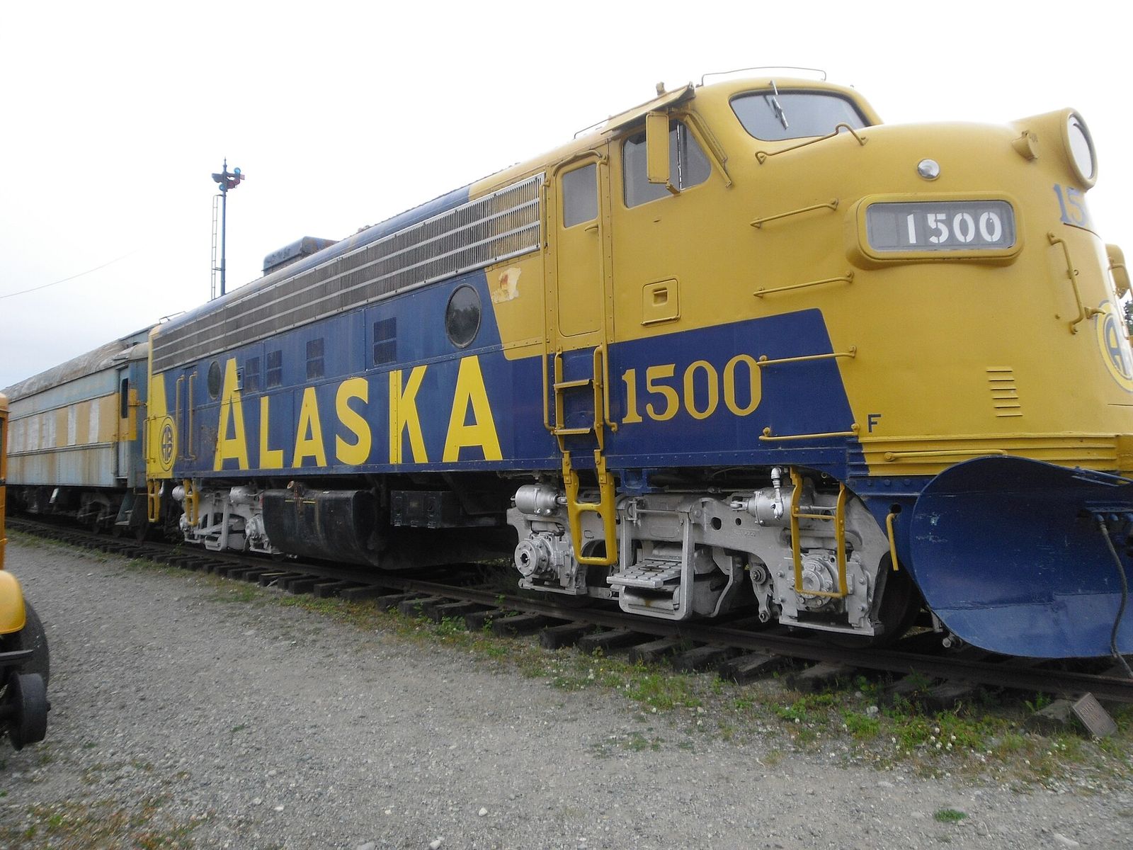 Alaska Railroad diesel locomotive No. 1500 in yellow and blue at the Museum of Alaska Transportation and Industry