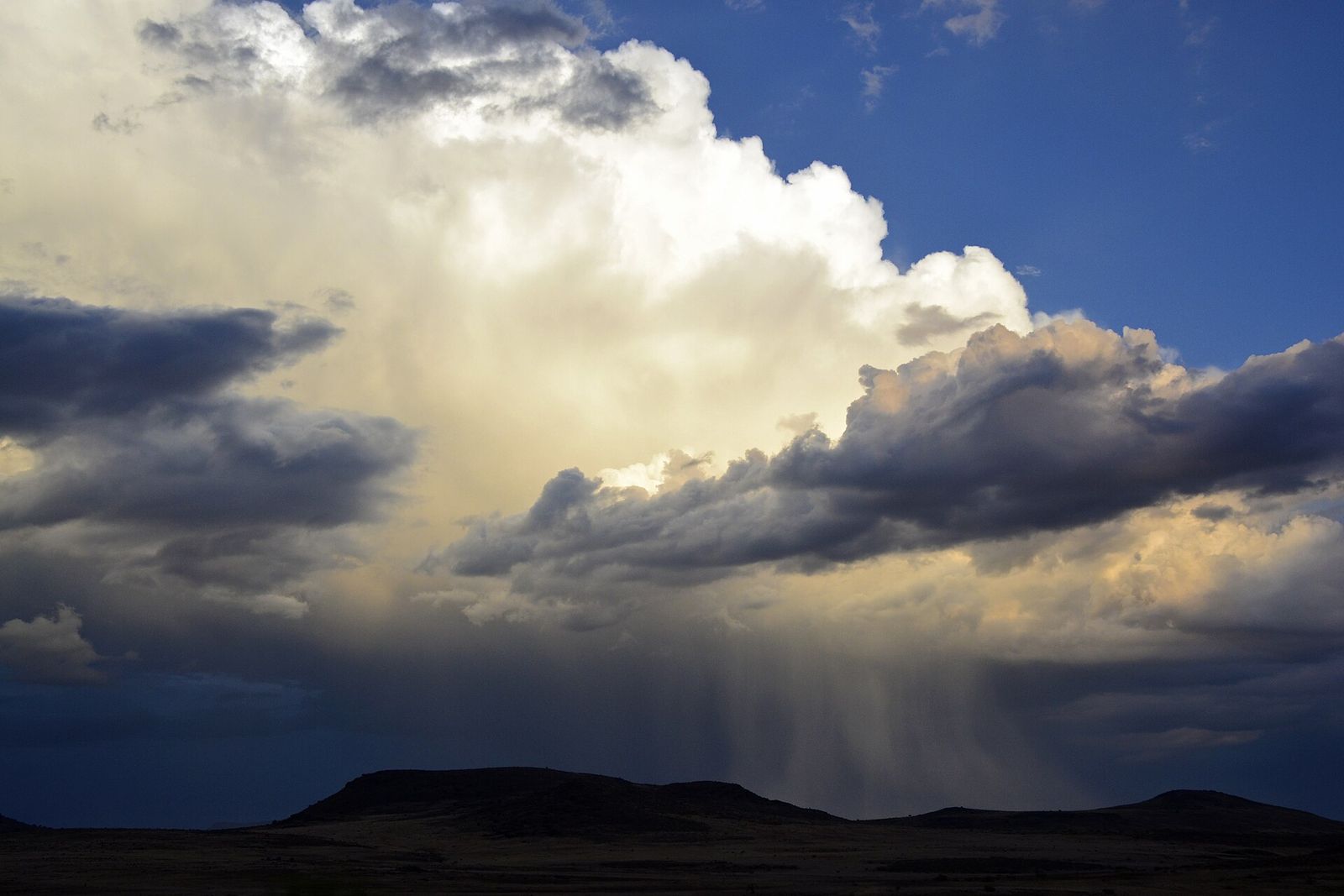 A monsoon storm dropping curtains of rain over northern Arizona near the Coconino National Forest