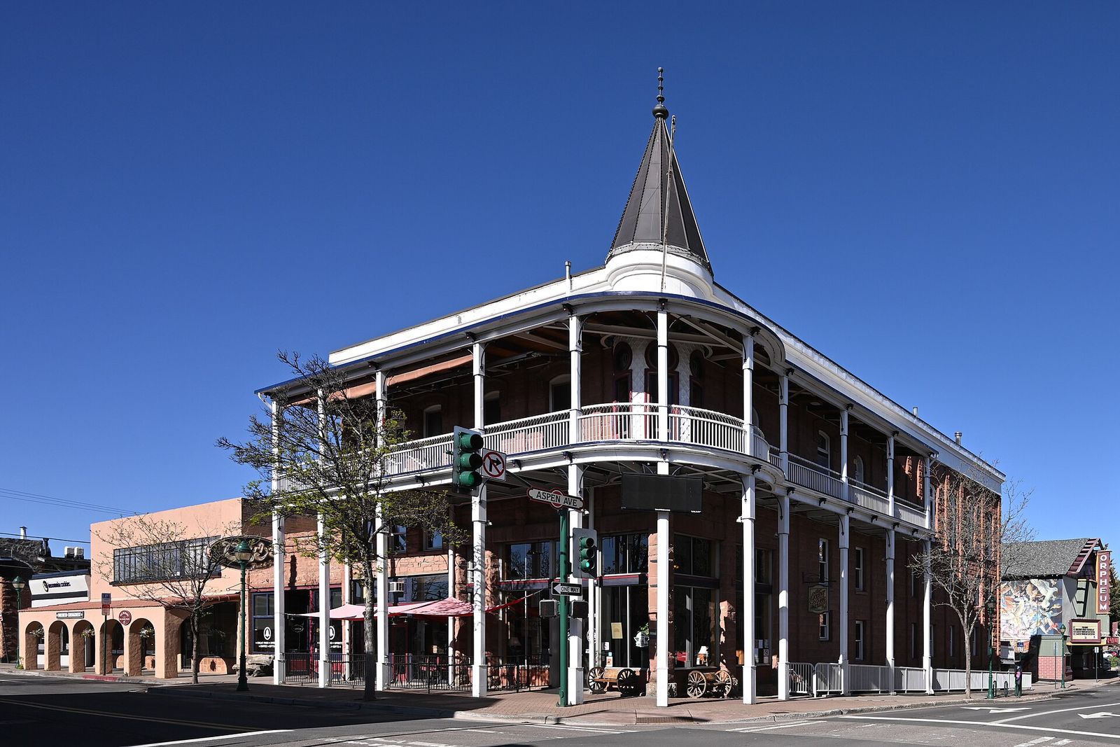 The three-story Weatherford Hotel with its wraparound wooden balconies at Leroux Street and Aspen Avenue in downtown Flagstaff