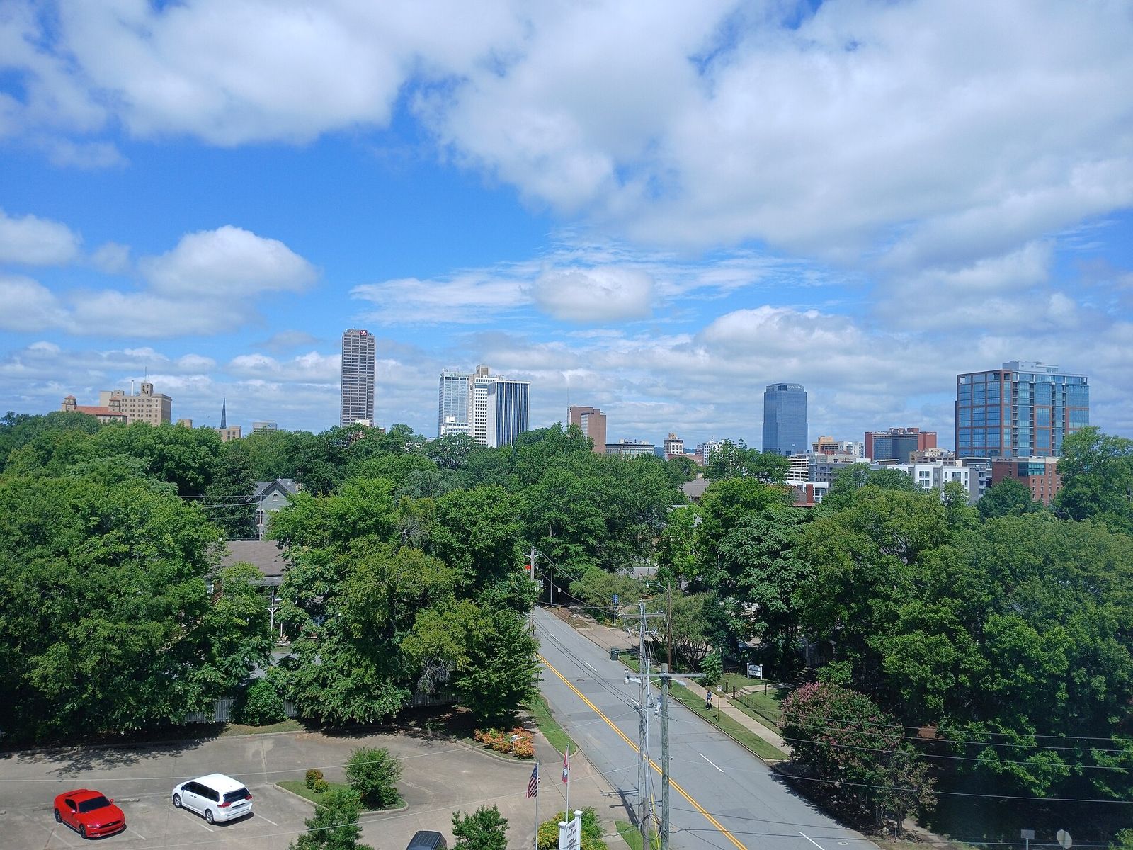 The downtown Little Rock skyline seen from a hotel window in July 2024