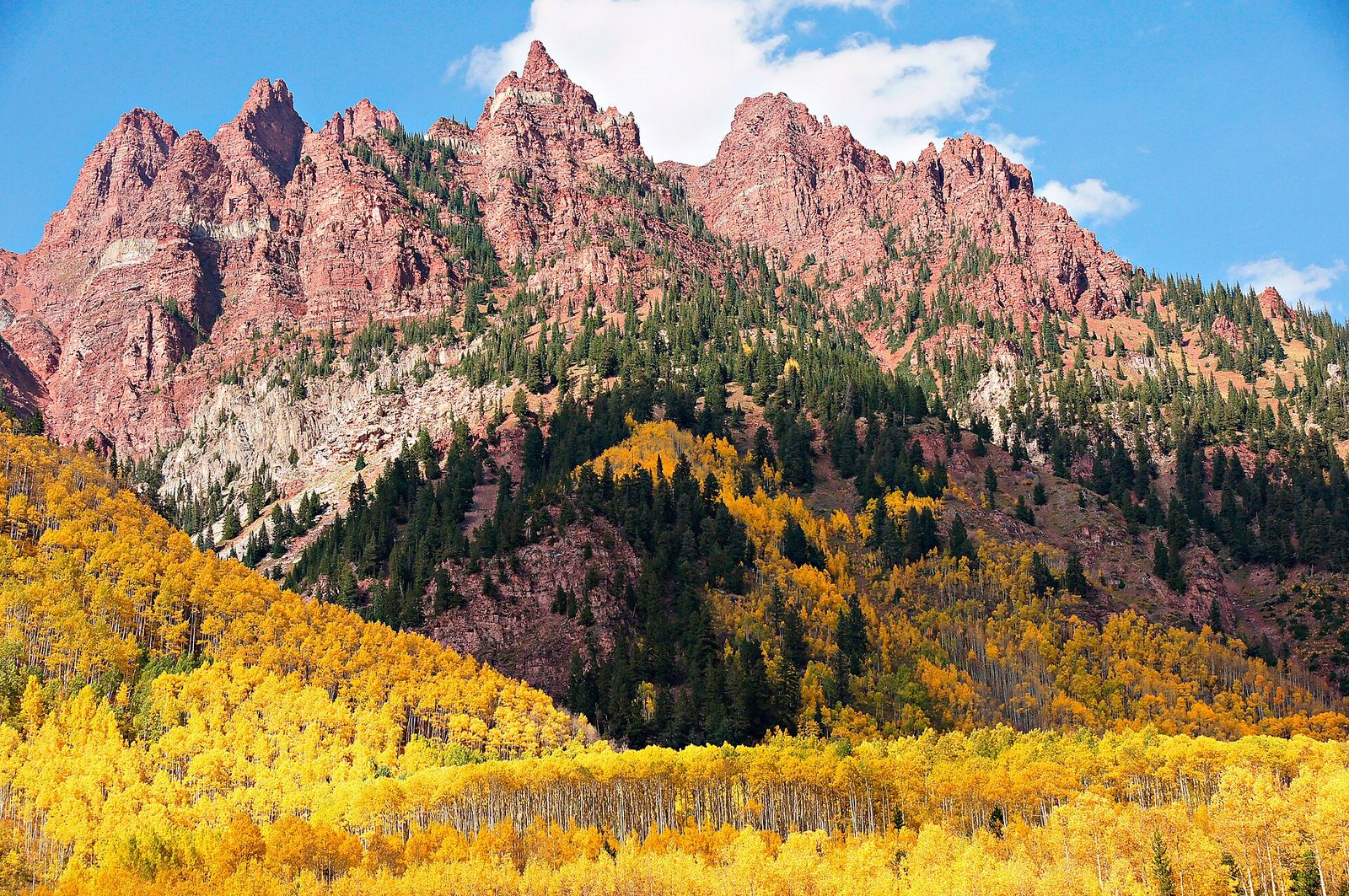 Golden autumn aspens at Maroon Lake in Colorado, with jagged mountain peaks rising behind