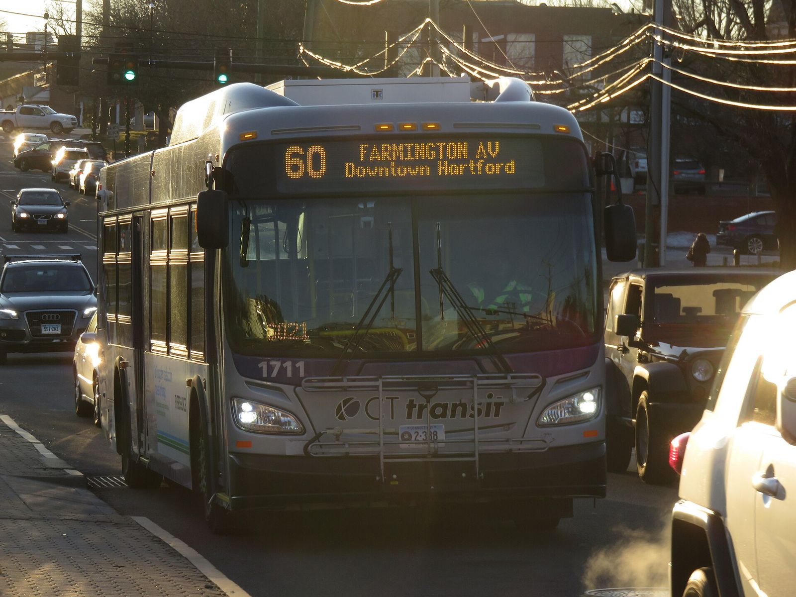 A CTtransit bus signed 60 Farmington Av, Downtown Hartford, in West Hartford Center, Connecticut