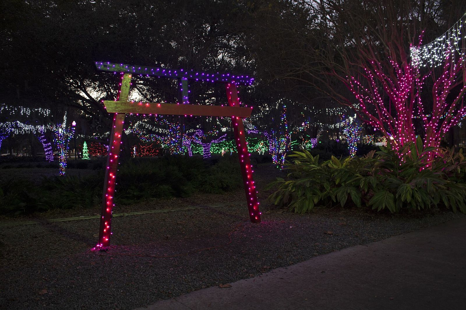 A torii gate lit up for the holidays in Largo Central Park
