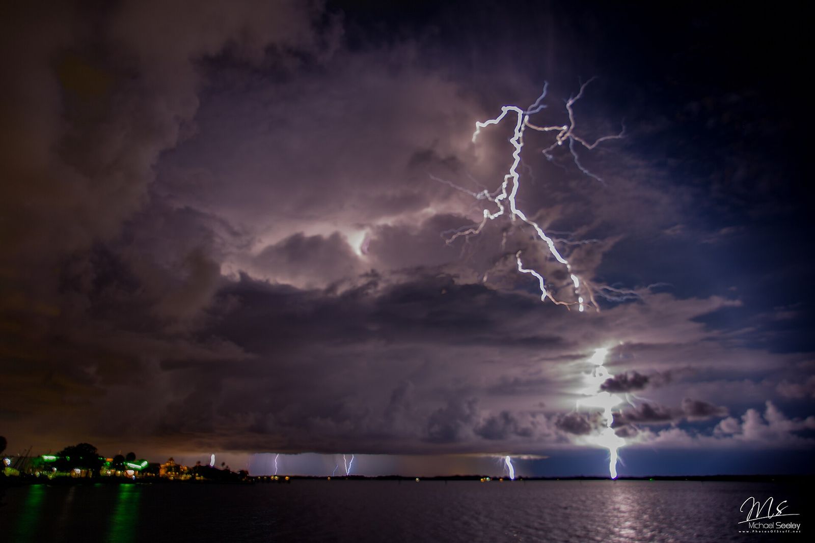 Lightning over the water at night in Melbourne
