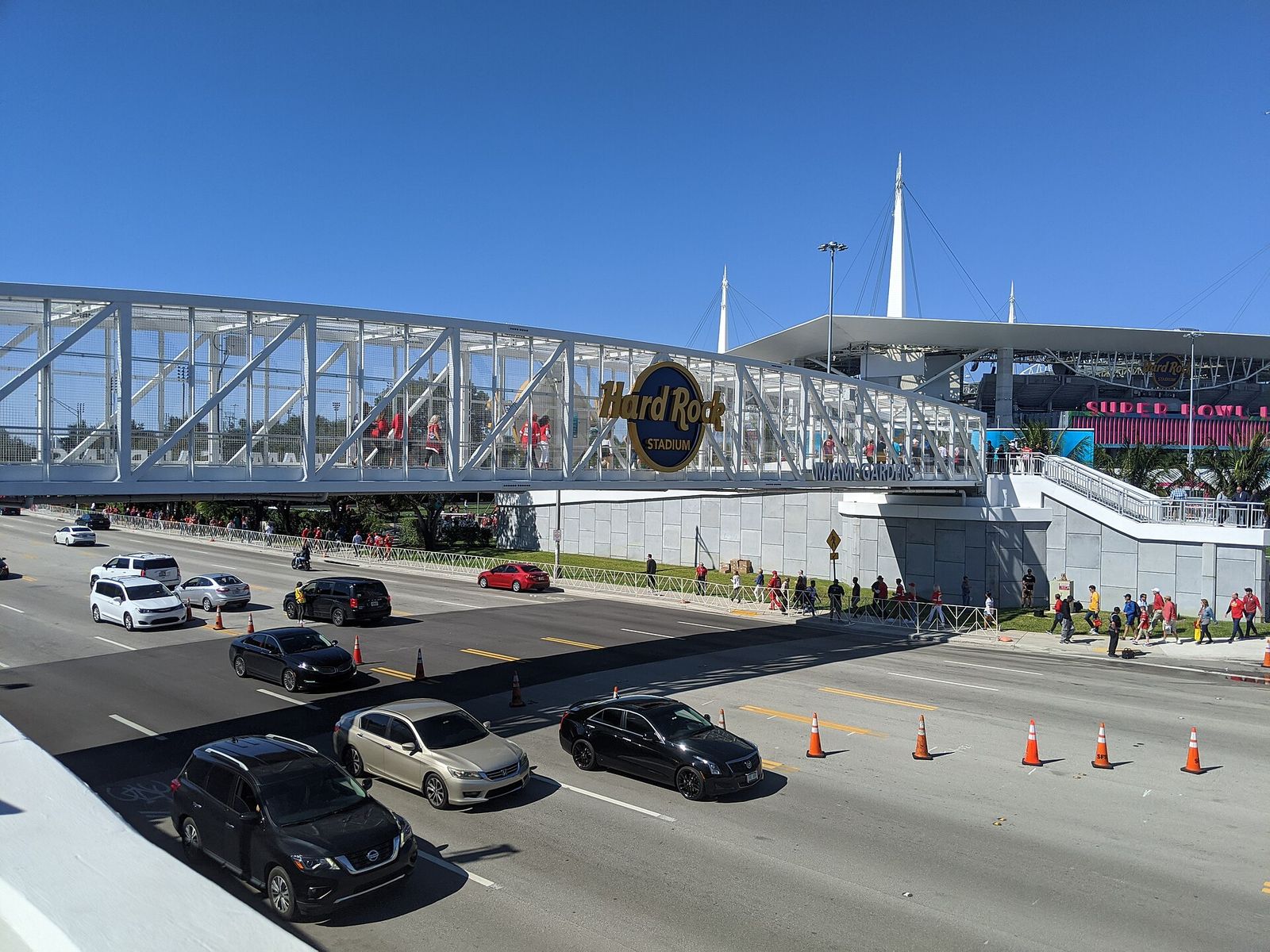 The pedestrian bridge leading fans into Hard Rock Stadium