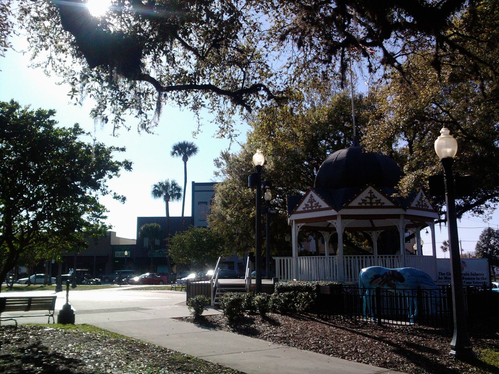 The gazebo and storefronts on the downtown square in Ocala