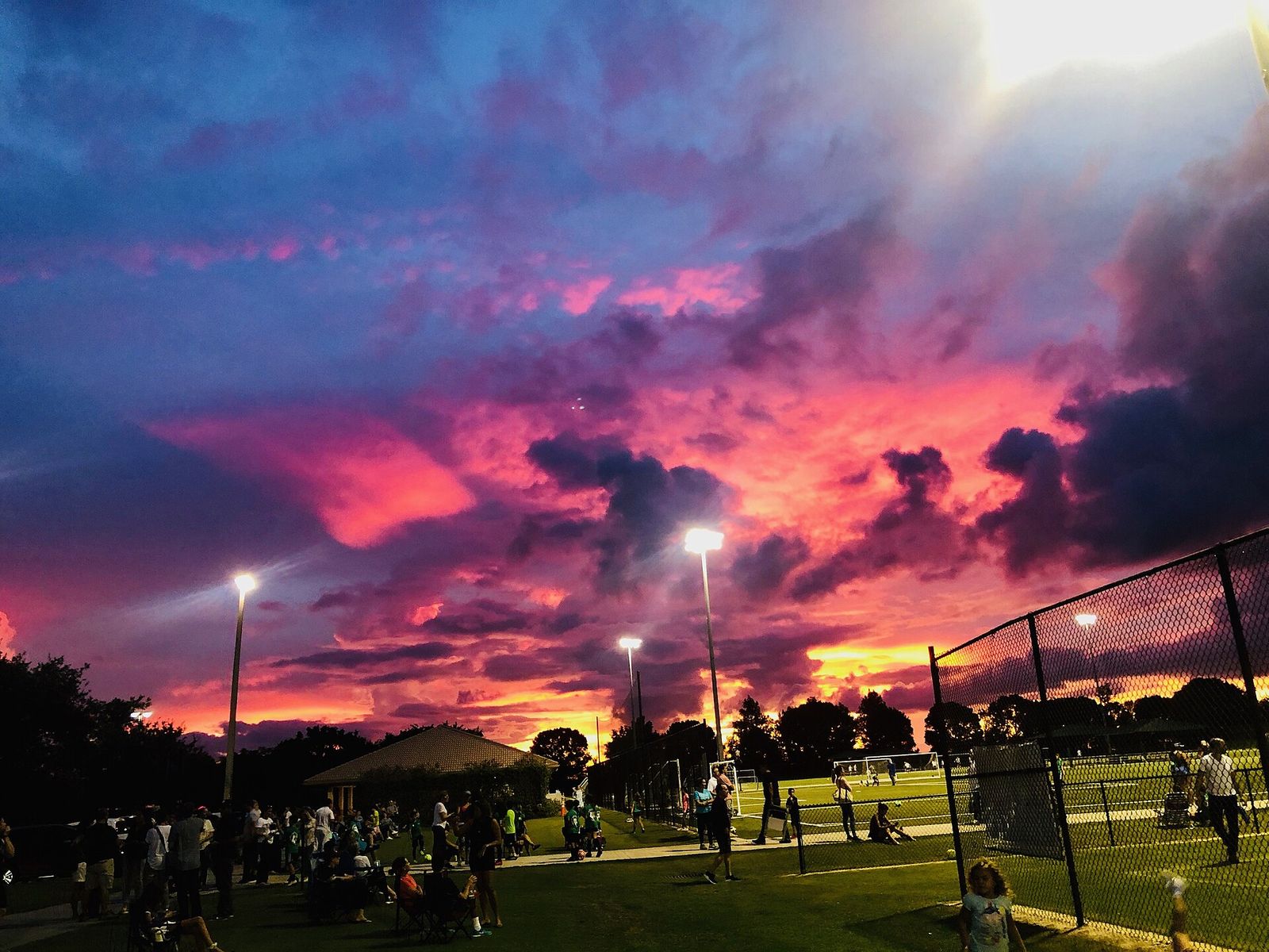 A vivid pink and purple dawn over the lit soccer fields of Weston Regional Park