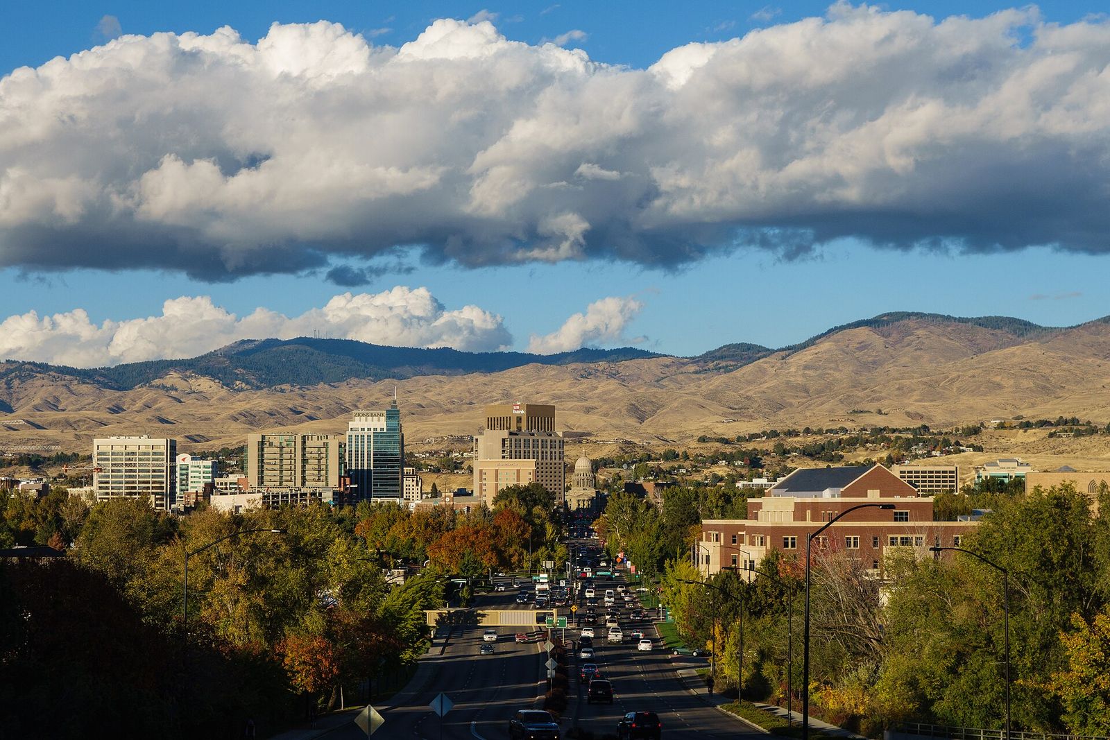Downtown Boise's towers and tree-lined streets with the brown foothills and white clouds behind them