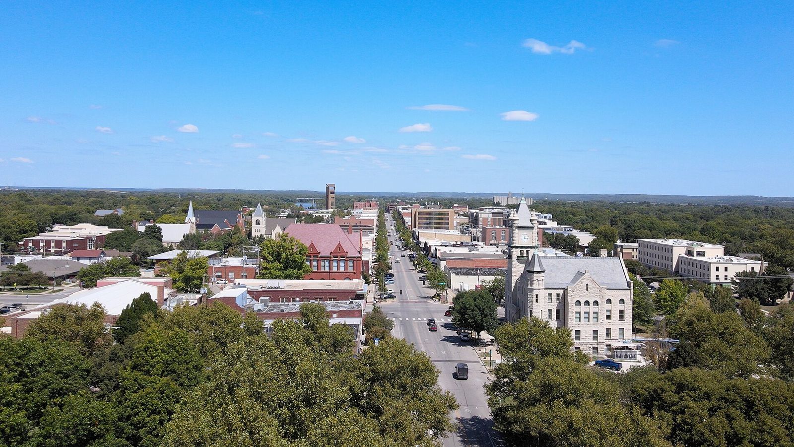 Aerial view of downtown Lawrence, Kansas, in August 2025