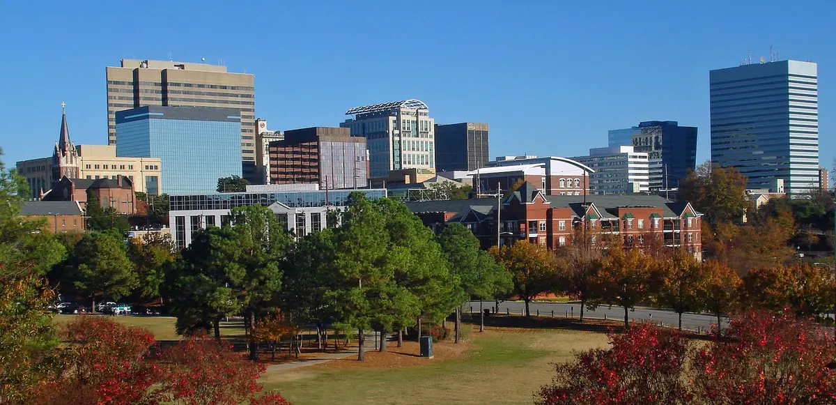 Downtown Columbia's skyline seen from the Arsenal Hill neighborhood, with fall trees in the foreground