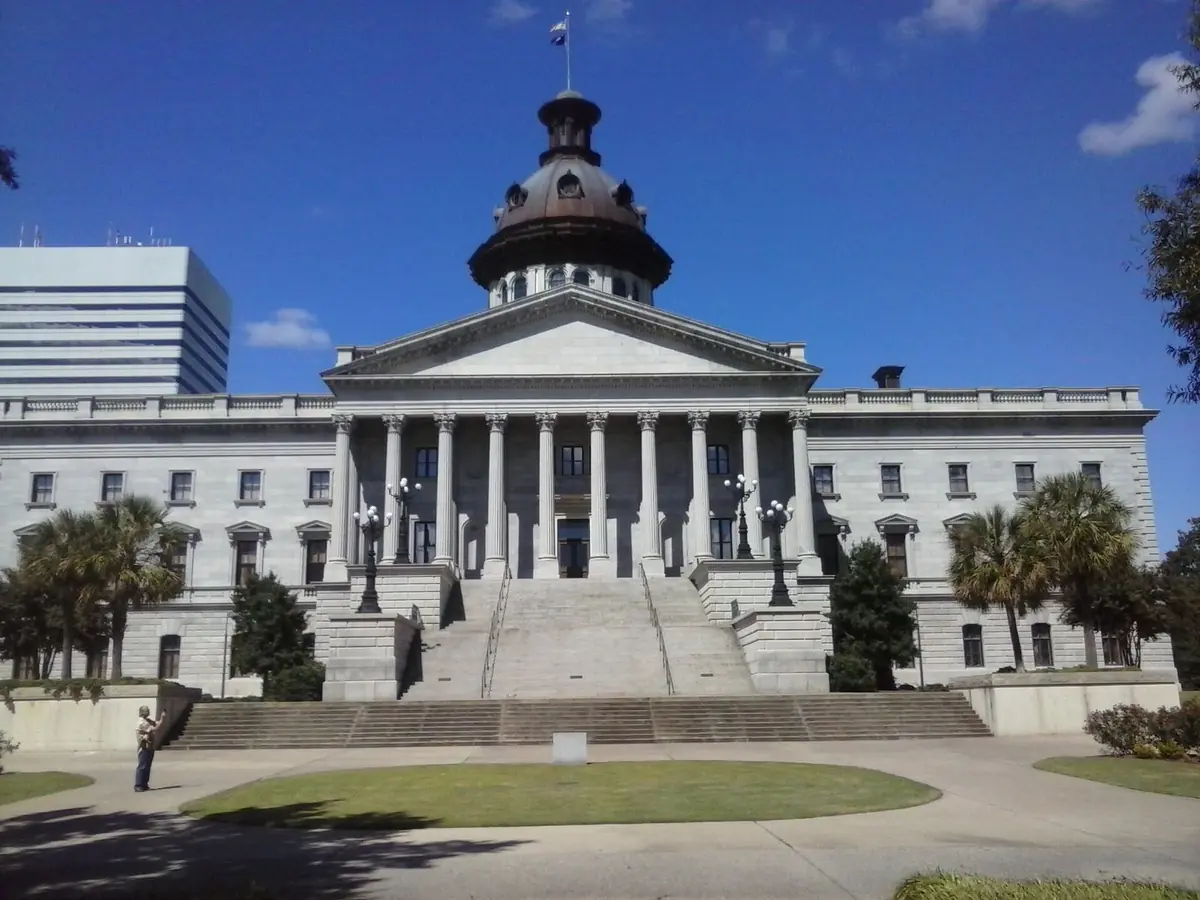 The front steps, columns and dome of the South Carolina State House in downtown Columbia