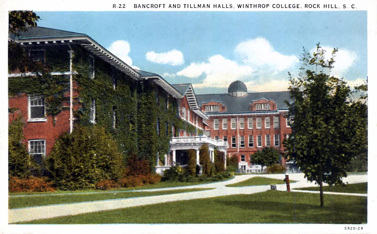 A 1929 tinted postcard of Bancroft and Tillman Halls at Winthrop College in Rock Hill