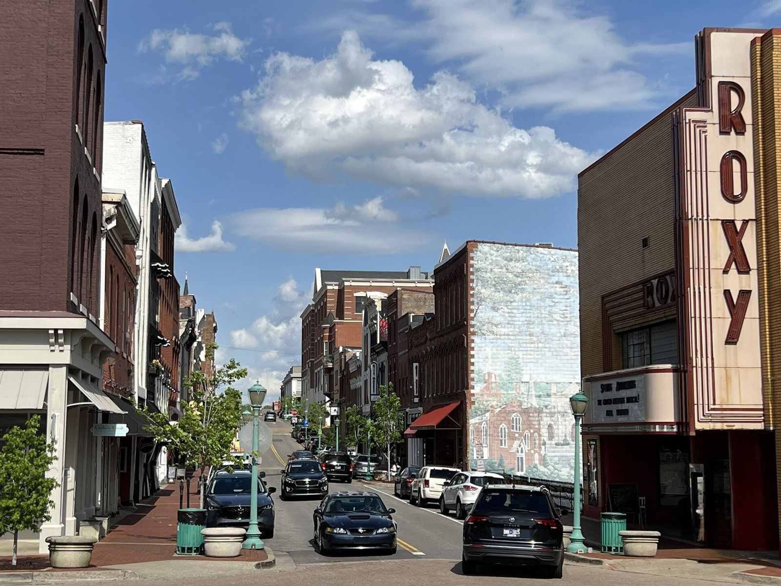 Downtown Clarksville street with the Roxy theatre sign