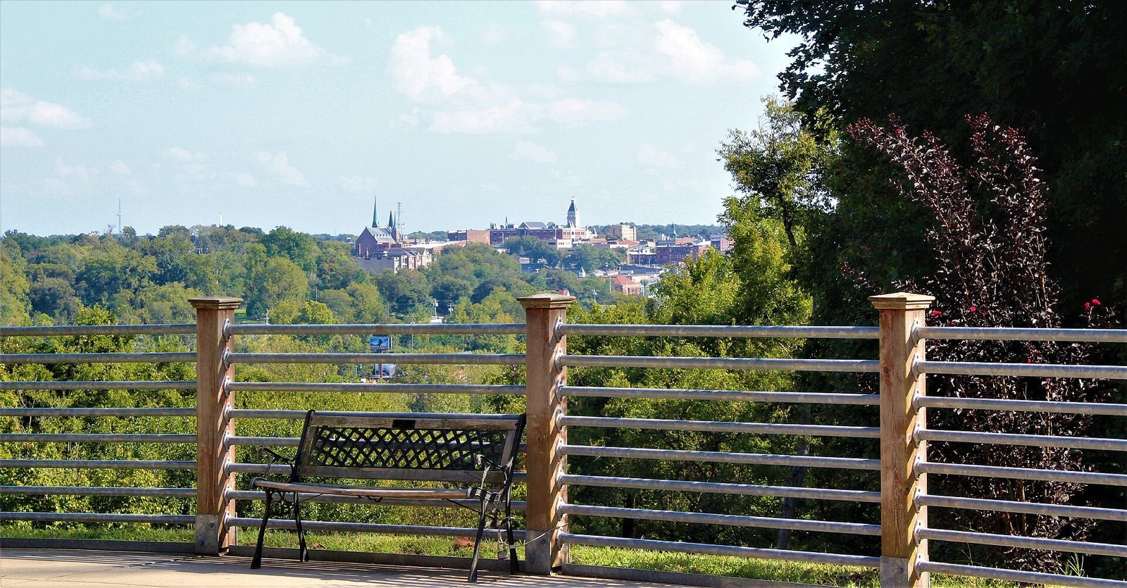 A bench at the Fort Defiance overlook, looking toward Clarksville