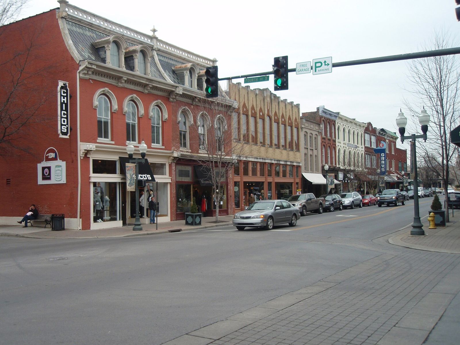 Brick storefronts on Main Street at Fourth Avenue in historic downtown Franklin