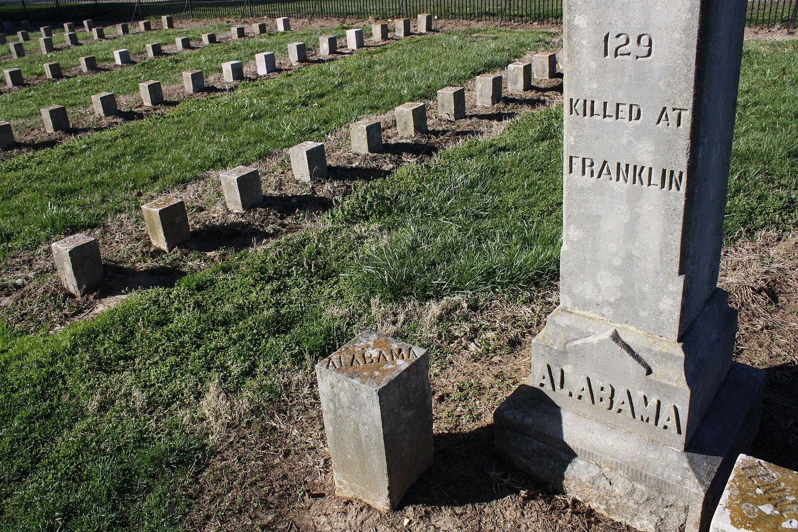 Rows of small headstones at McGavock Confederate Cemetery in Franklin