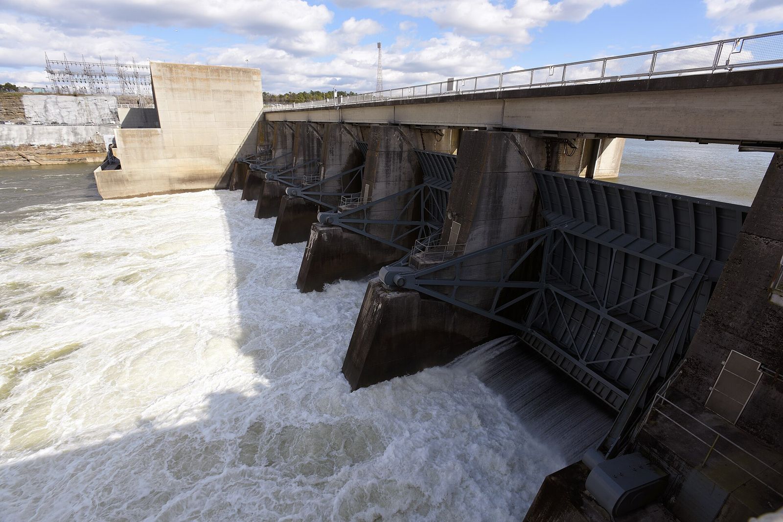 Water rushing through the spillway gates of Old Hickory Dam on the Cumberland River