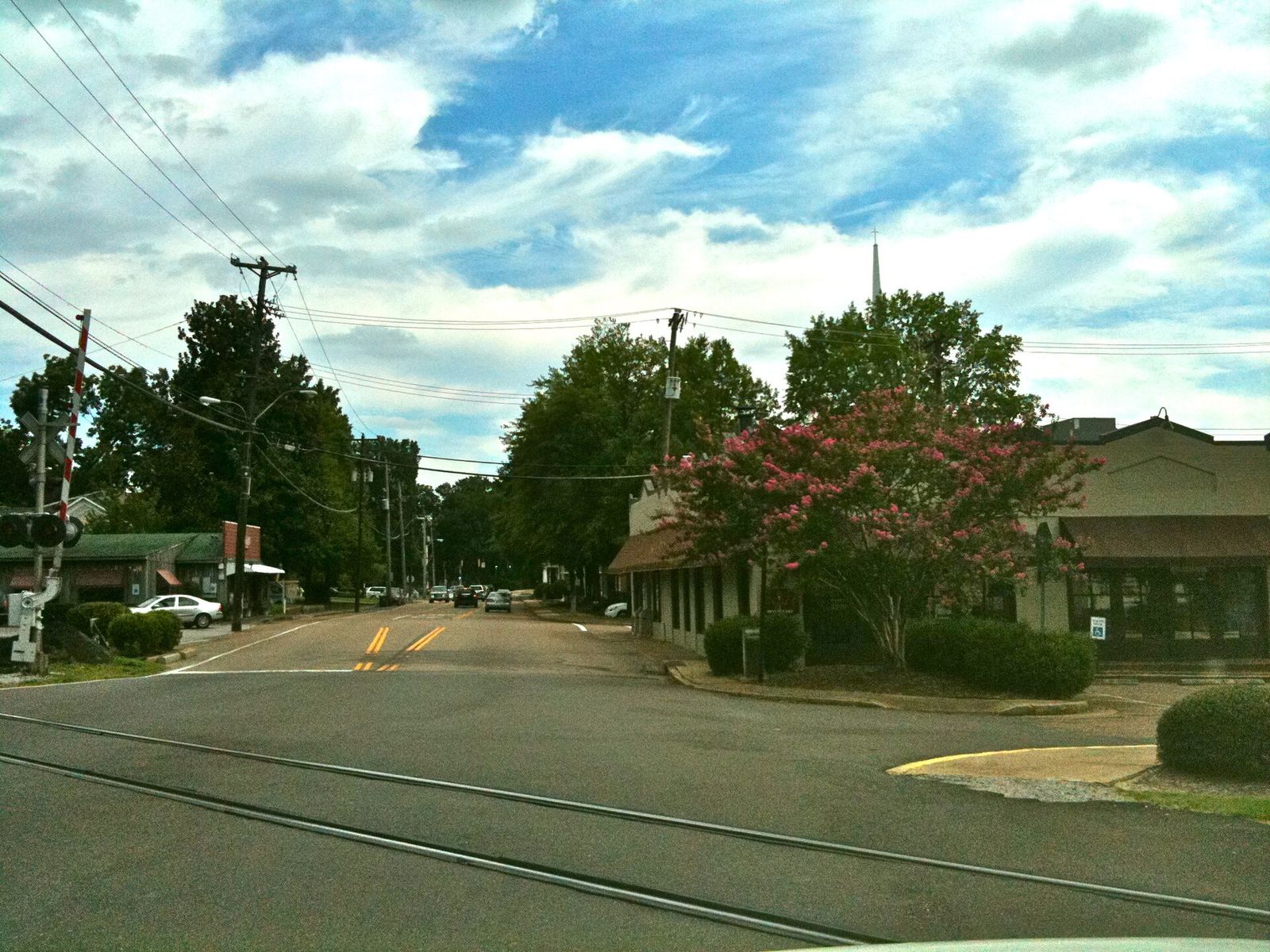 A leafy Germantown street where it crosses the railroad tracks