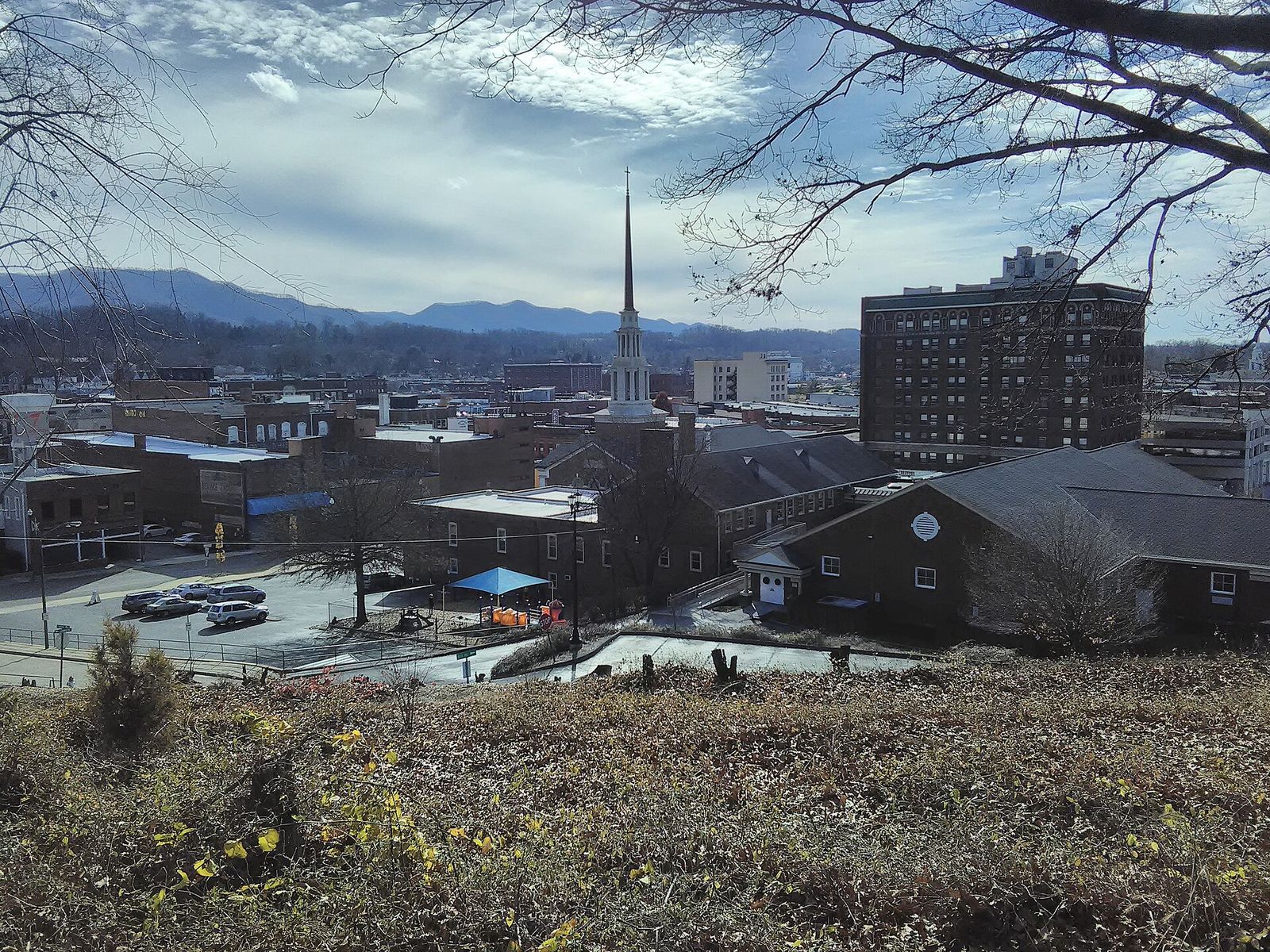 Downtown Johnson City rooftops and church steeple seen from a hillside