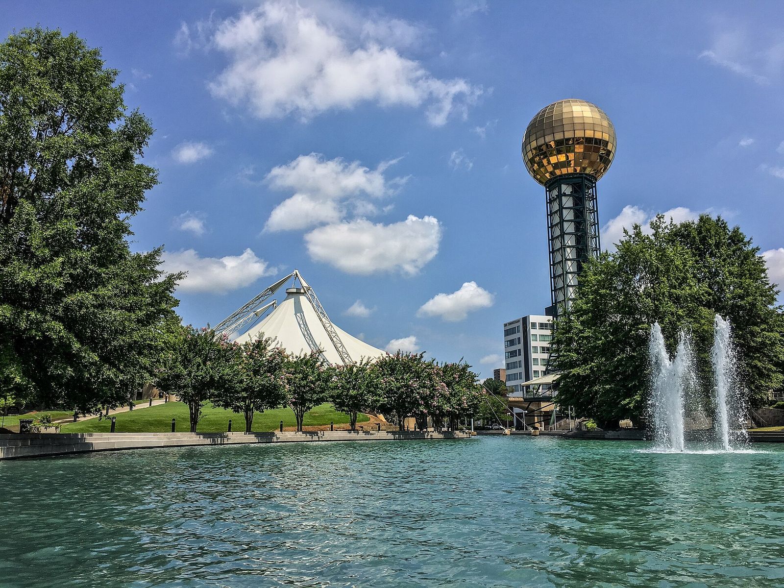 The Sunsphere and fountains at World's Fair Park in Knoxville