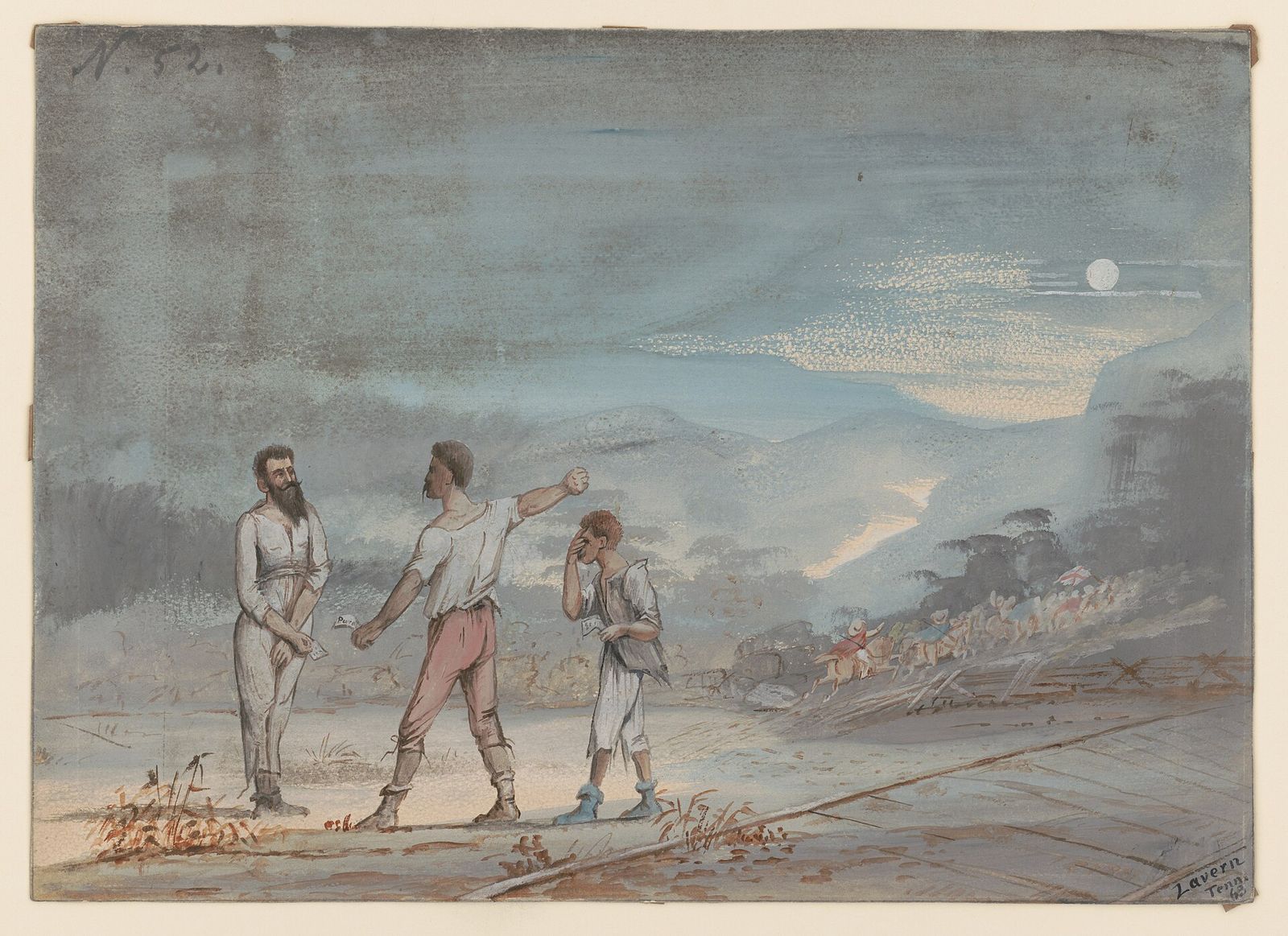 Adolph Metzner's 1863 watercolor titled Captured by Morgan's cavalry at La Vergne, Tennessee