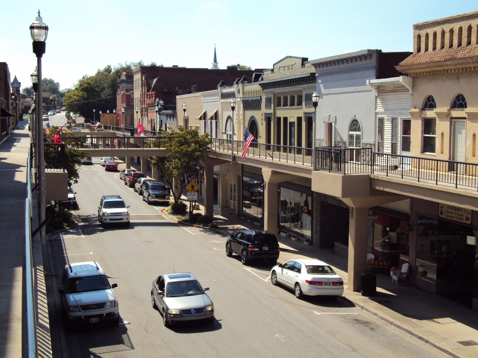 Downtown Morristown's Main Street with the raised overhead sidewalks along the shopfronts