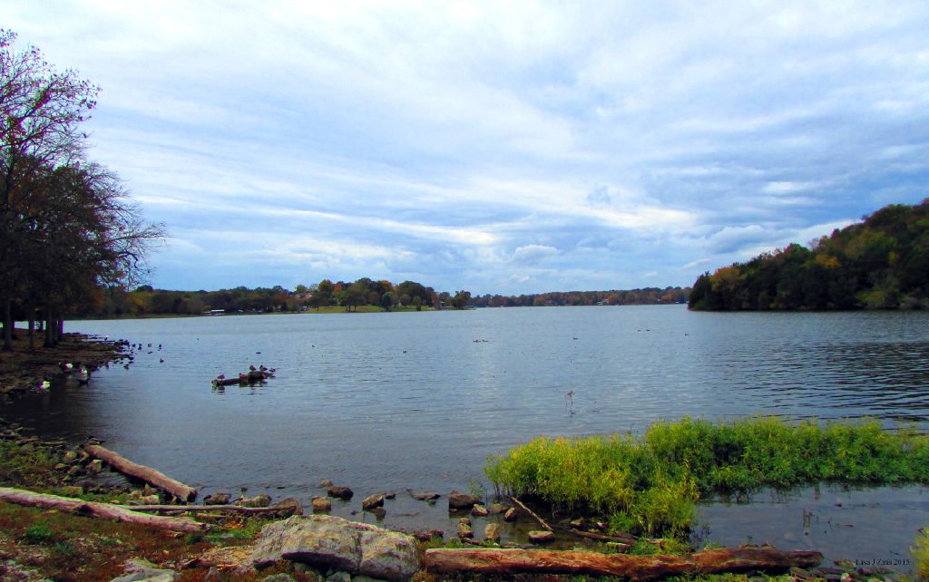 Calm water and wooded banks on Old Hickory Lake in autumn
