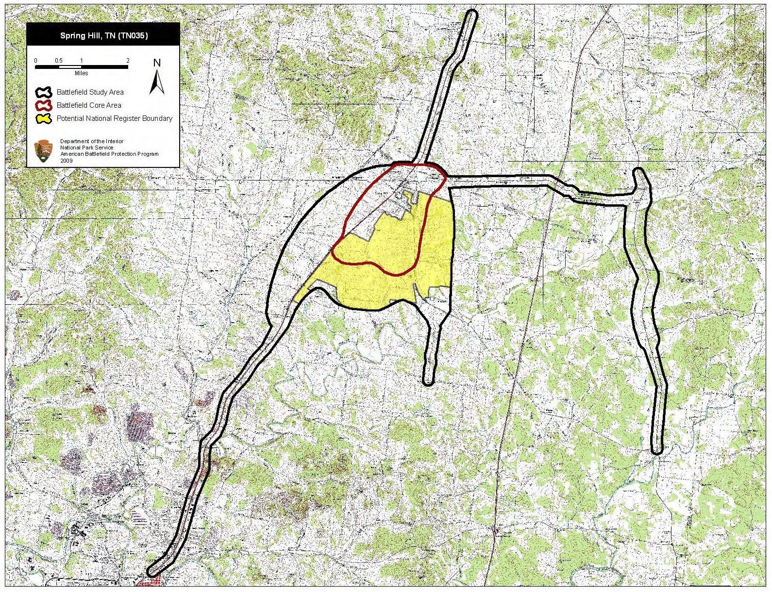 Map of the Spring Hill battlefield study area with roads and boundaries