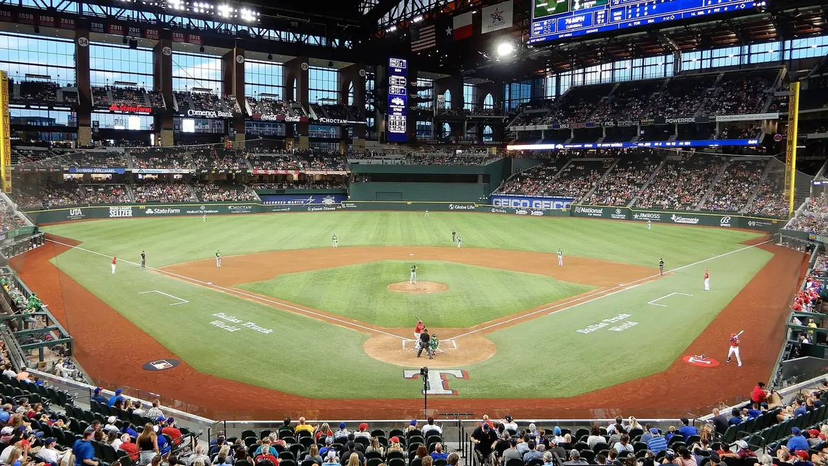 The Texas Rangers hosting the Oakland A's at Globe Life Field in Arlington's Entertainment District