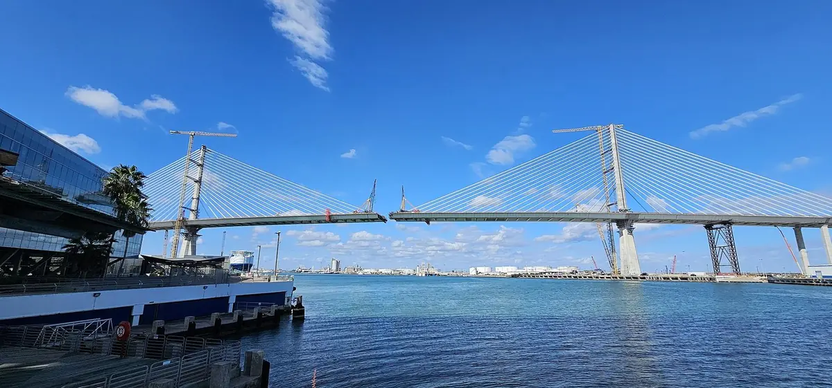 The new cable-stayed Harbor Bridge rising over the Corpus Christi ship channel in December 2024