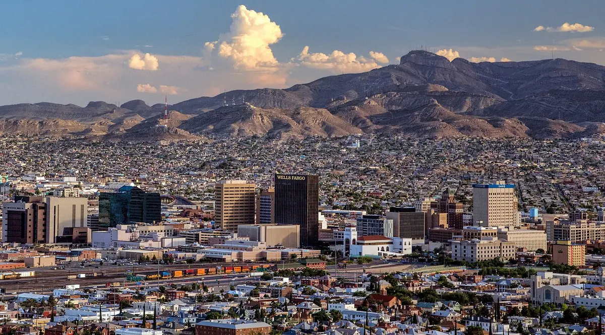 Downtown El Paso towers and the surrounding neighborhoods with the Franklin Mountains rising behind