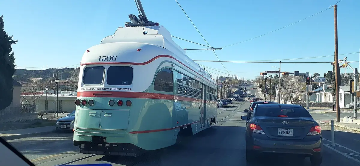 Car 1506 of the El Paso Streetcar running along Stanton Street