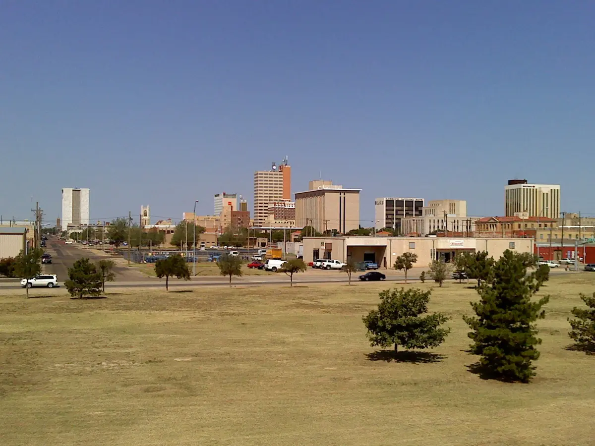 The skyline of downtown Lubbock seen from the shoulder of Interstate 27