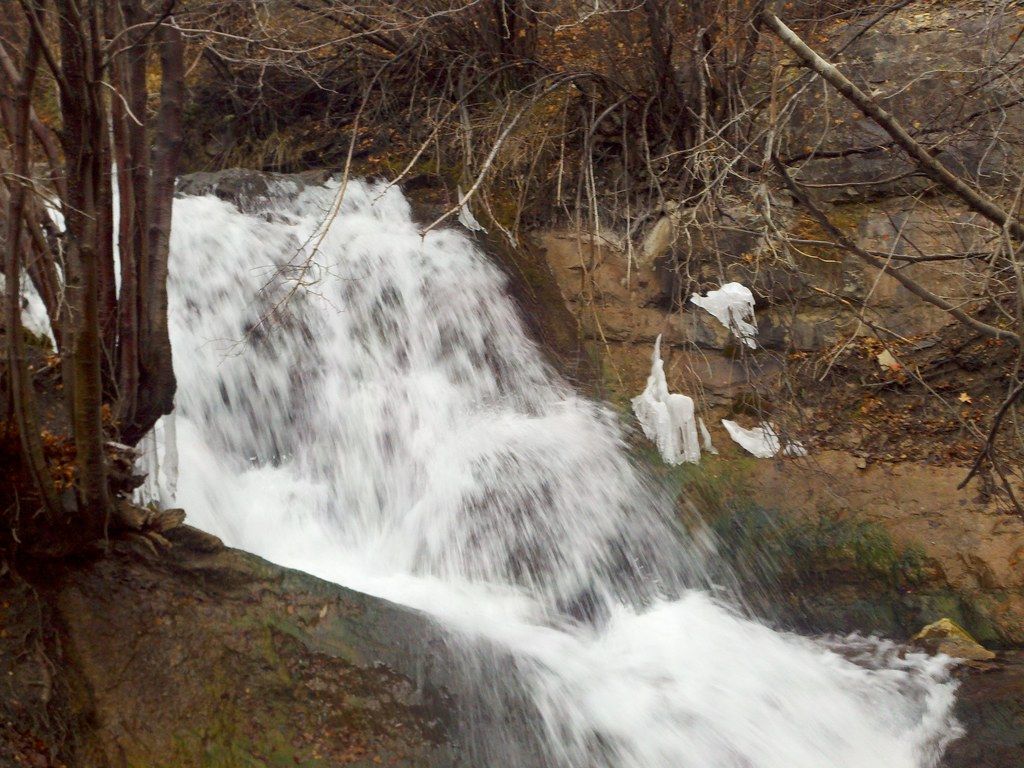 A small cascade of white water on Battle Creek in Battle Creek Canyon