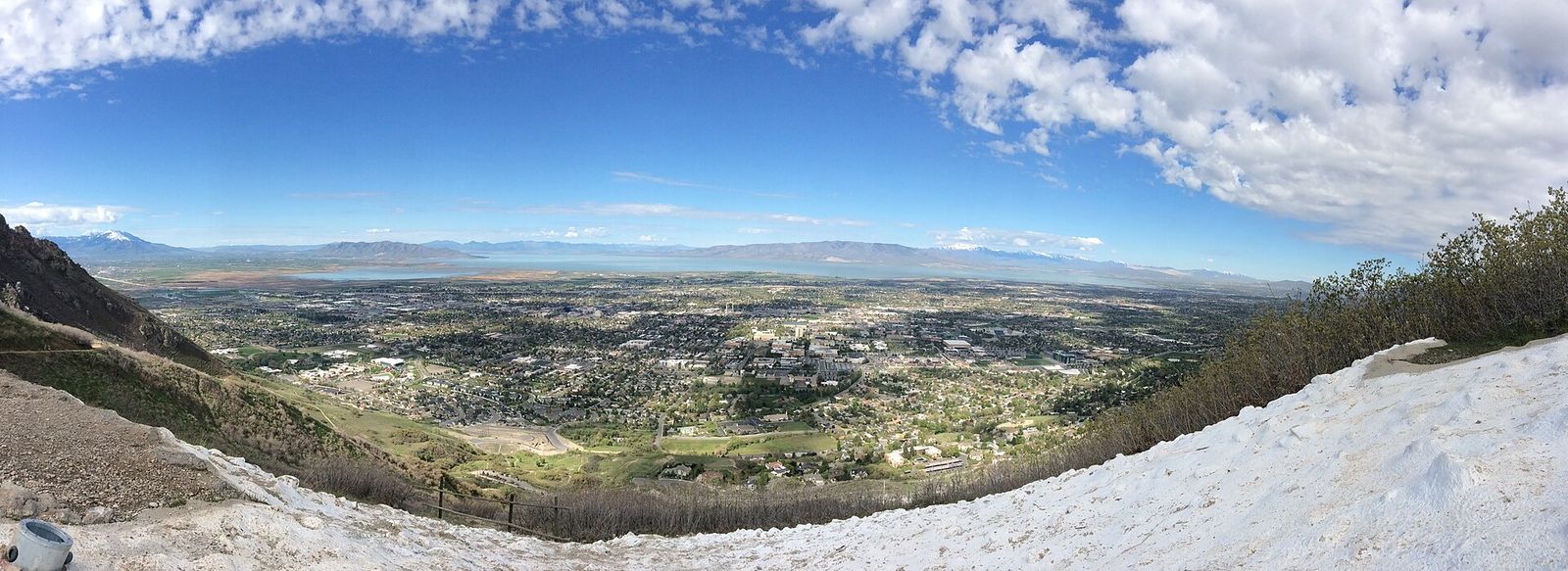 Wide view over Provo and Utah Valley from the Y on the mountainside, with Utah Lake in the distance