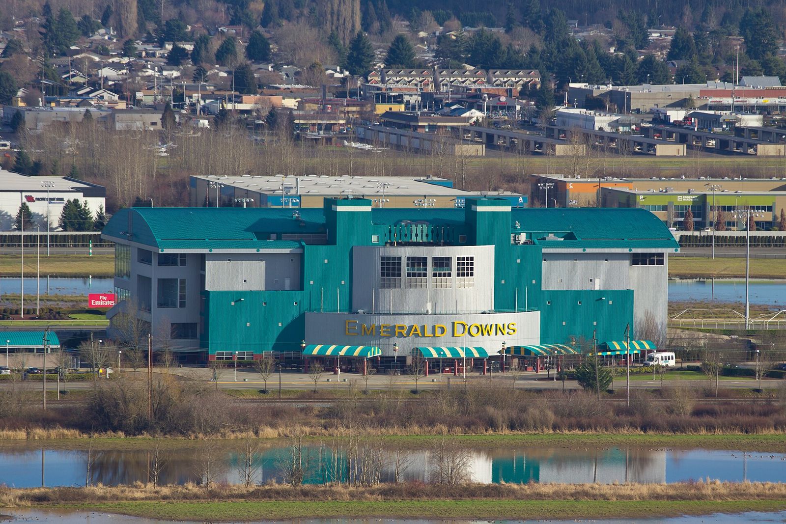 The Emerald Downs grandstand seen across the valley in Auburn