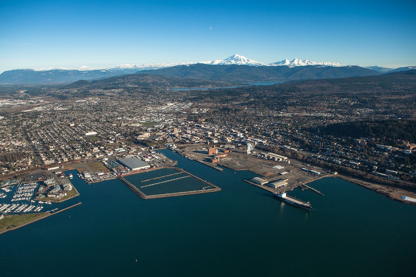Aerial view of Bellingham and its waterfront with Mount Baker behind