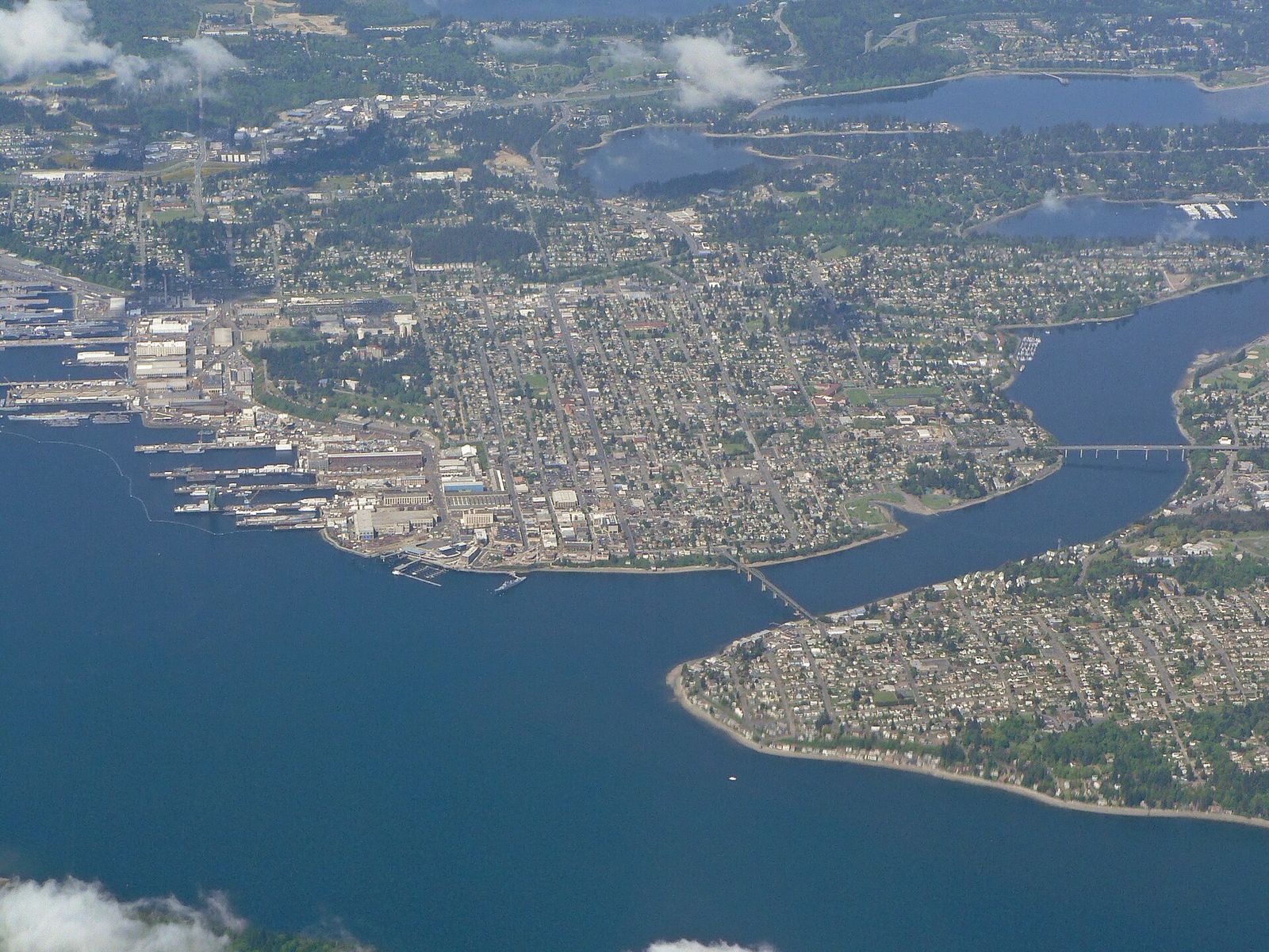 Aerial view of Bremerton, the naval shipyard and the surrounding inlets