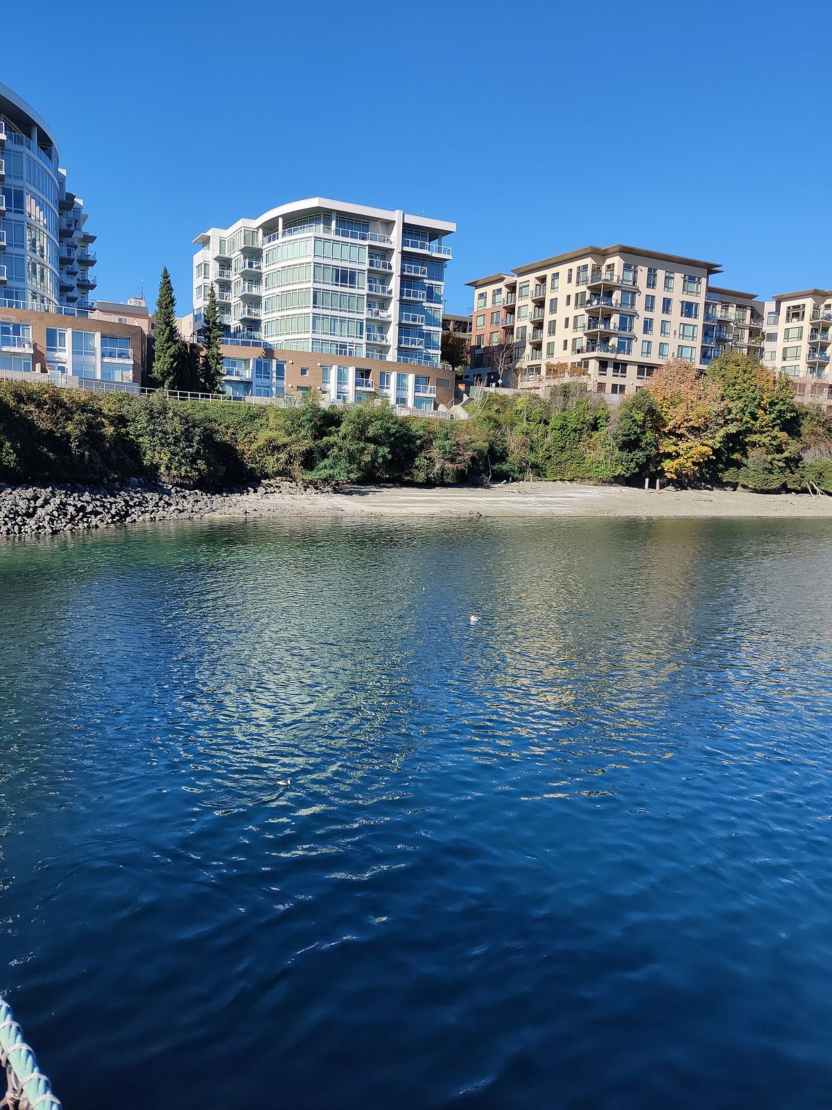 Downtown Bremerton buildings seen across the water from the USS Turner Joy