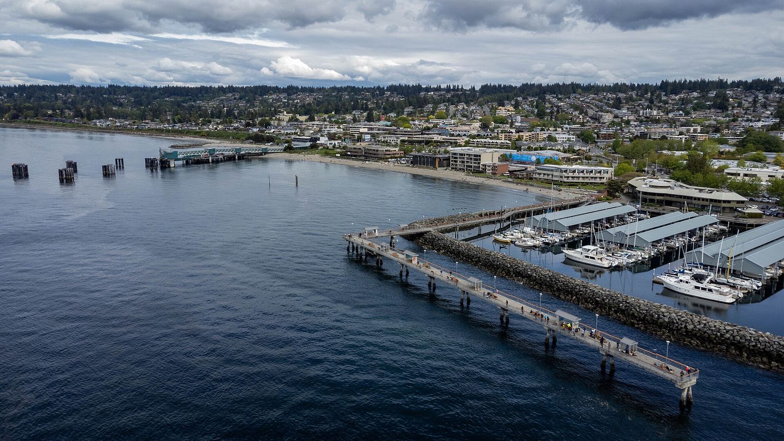 Aerial view of downtown Edmonds, its marina and the fishing pier
