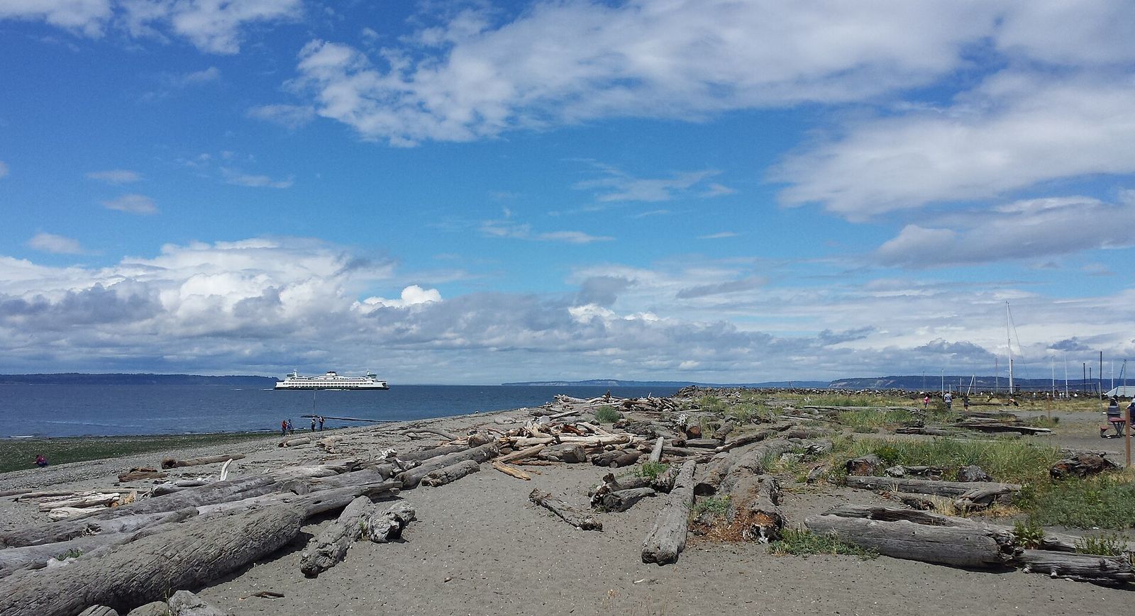 A state ferry seen from the driftwood beach in Edmonds