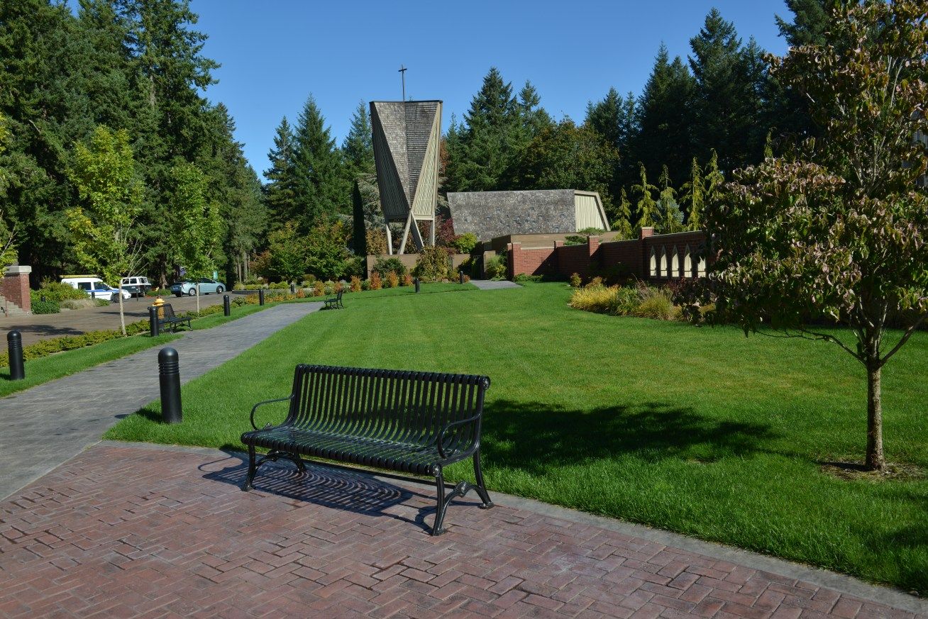 A walkway and lawn on the Saint Martin's campus in Lacey