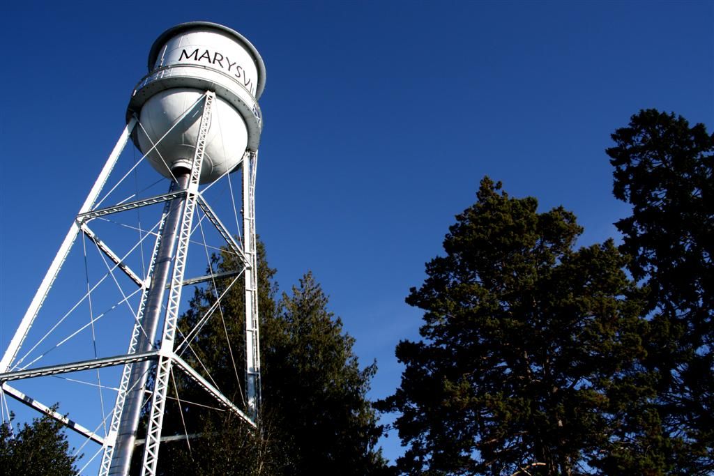 The historic Marysville water tower in Comeford Park against a blue sky