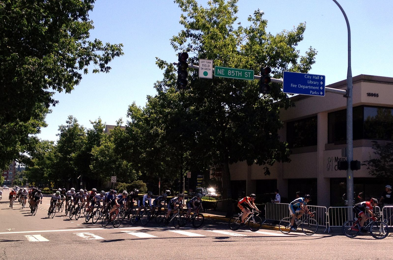 Cyclists racing through downtown Redmond during Derby Days