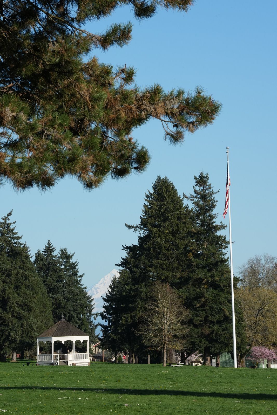 The bandstand at Fort Vancouver with Mount Hood in the distance