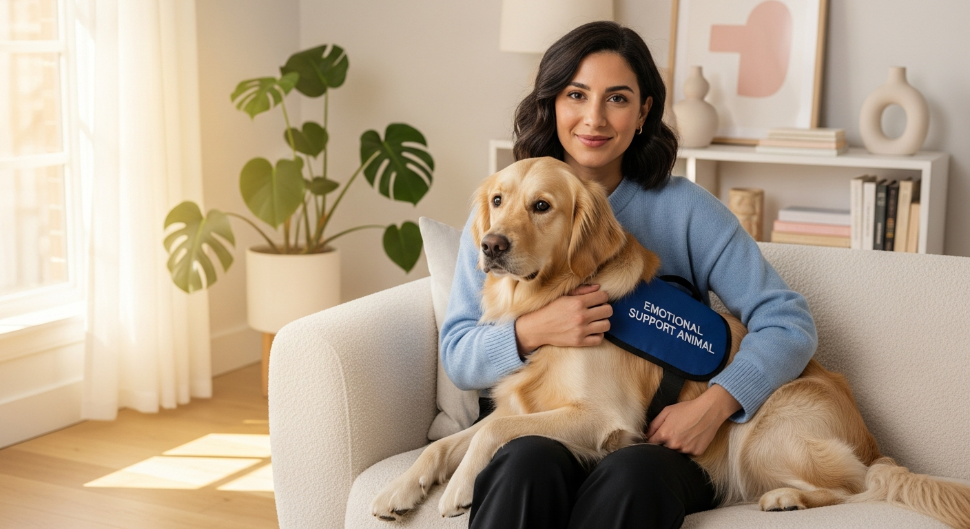 Woman with her emotional support dog at home
